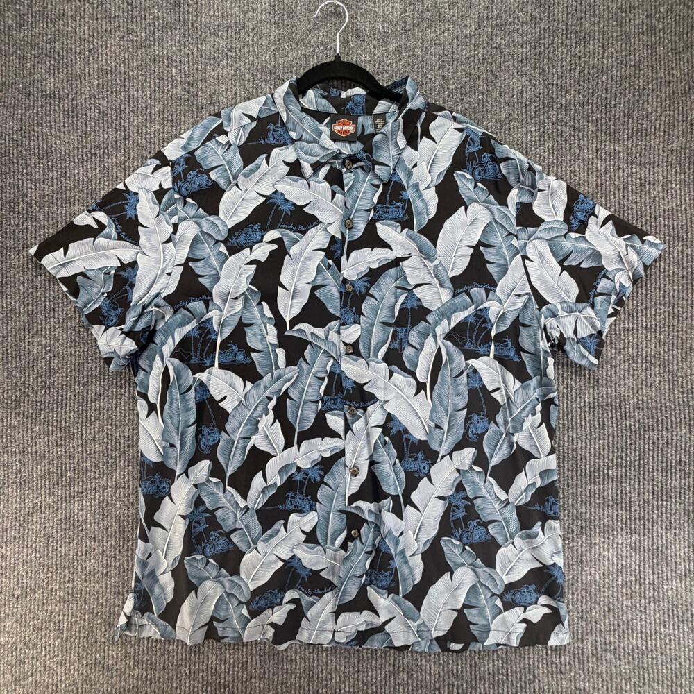 Harley Davidson Hawaiian Shirt Mens 3XL Black Blue Motorcycle Tropical USA